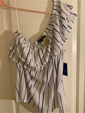 APT. 9 One-Shoulder Ruffle Top - White w/Navy, Pink & Mint Stripes +BONUS!!